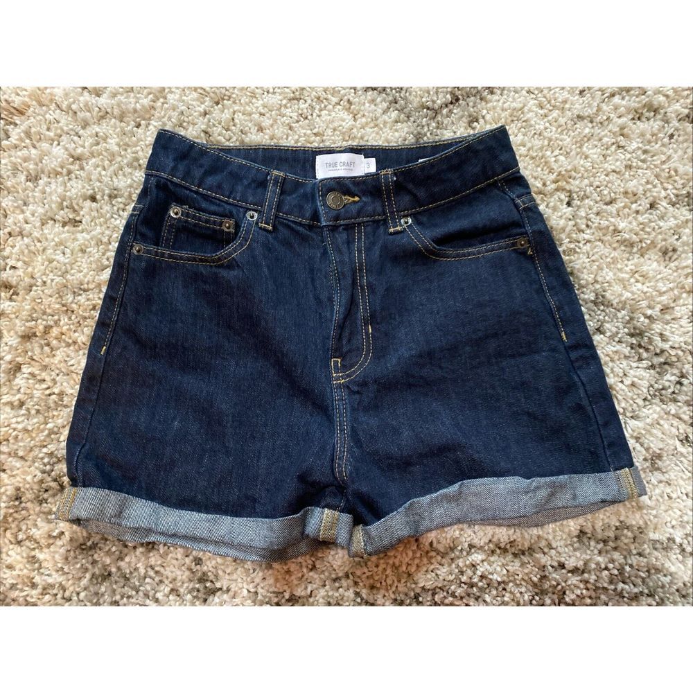 True Craft Womens Dark Wash High Rise Cuffed Denim Mom‎ Shorts Size 3 Blue